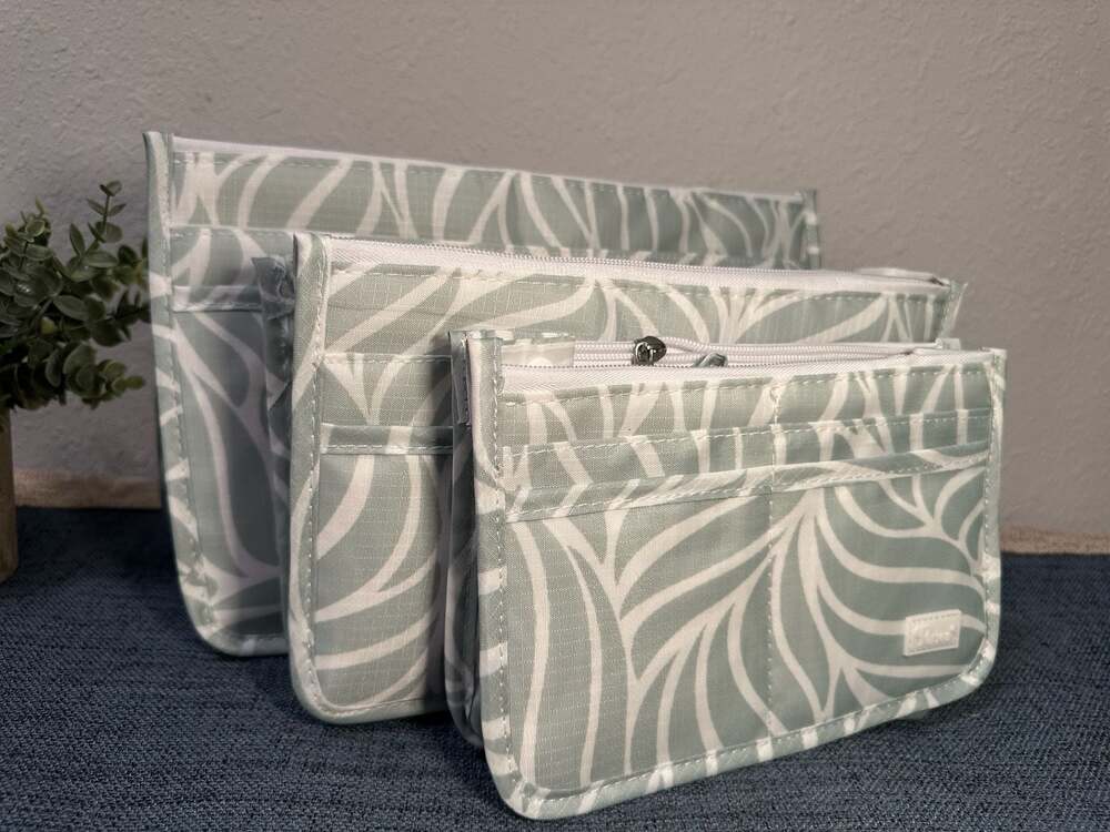 Periea Set of 3 Connectable Handbag Organizers in Grey Leaves Print